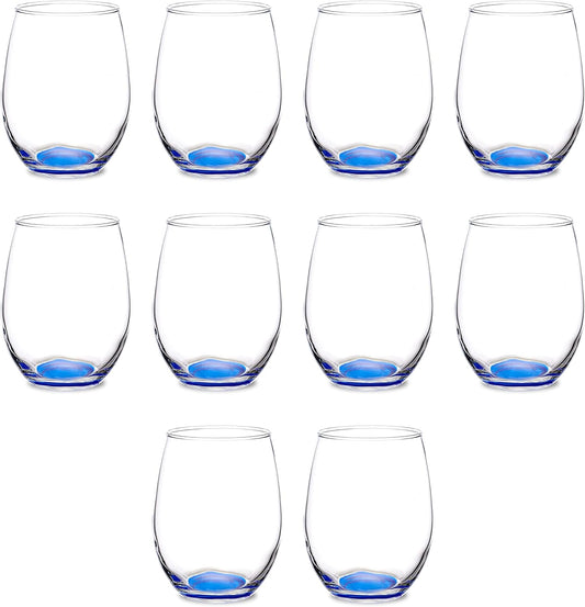 DISCOUNT PROMOS Stemless Wine Glasses in Bulk by ARC Perfection, 15 oz -10 pack, Red or White Wine Glass Drinking Set, Blue