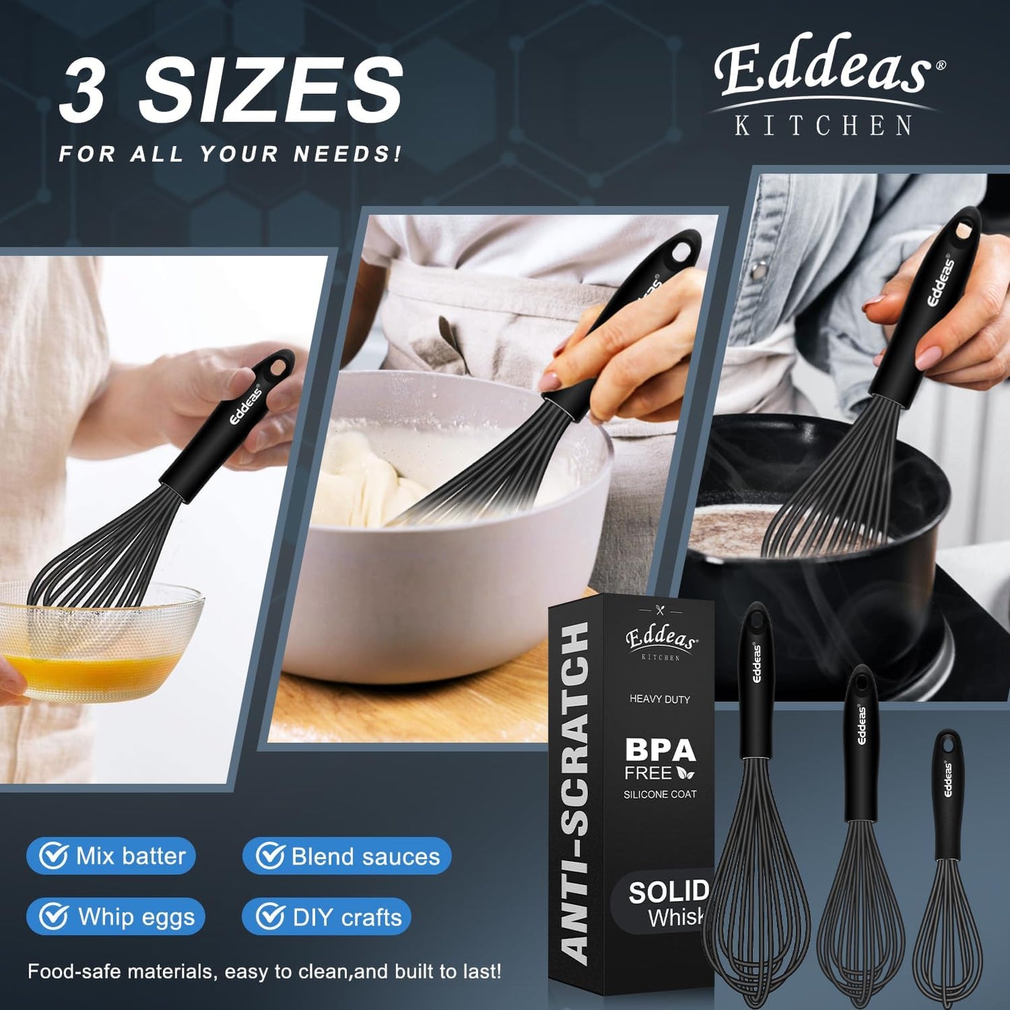 Whisks For Cooking - 500 °F Heat Resistant Silicone Whisk, Heavy Duty 7",9"&11inch Non-Scratch Balloon Kitchen Wisk tool Set, for cooking Wisking, Blending, Beating, Stirring, 3 Piece Black