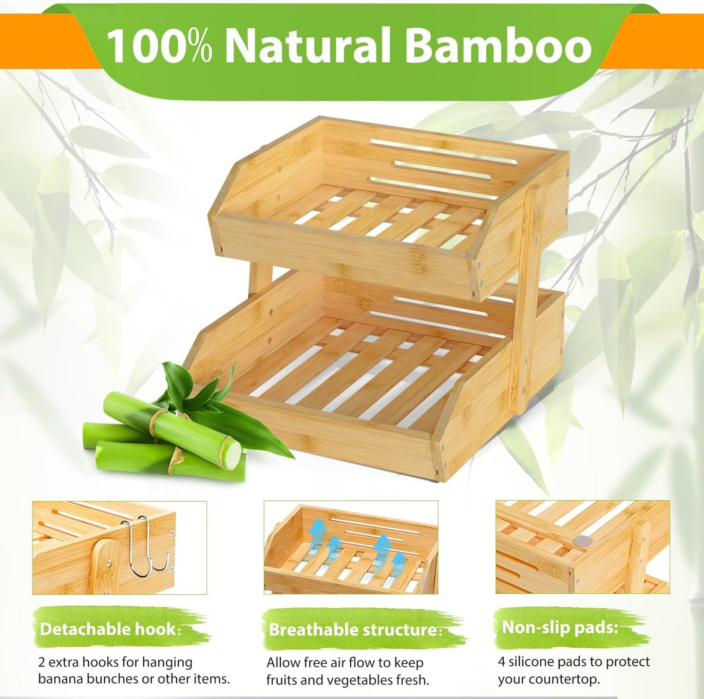 Bamboo Fruit Basket for Kitchen–2 Tier Fruit Bowl For Kitchen Counter, Large Fruit Holder With 2 Banana Hangers, Idea For Fruit and Vegetable Storage, Bread Basket, Snack Organizer(BAMBOO)