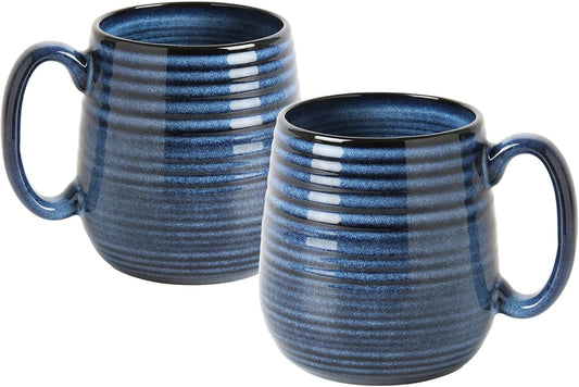 20 oz Large Ceramic Coffee Mugs set of 2, Coffee Mugs for Women and Men, Big Tea Cups, Large Handle Mug for Office and Home, Microwave and Diahwasher Safe (Blue with Stripes, 2PCS)