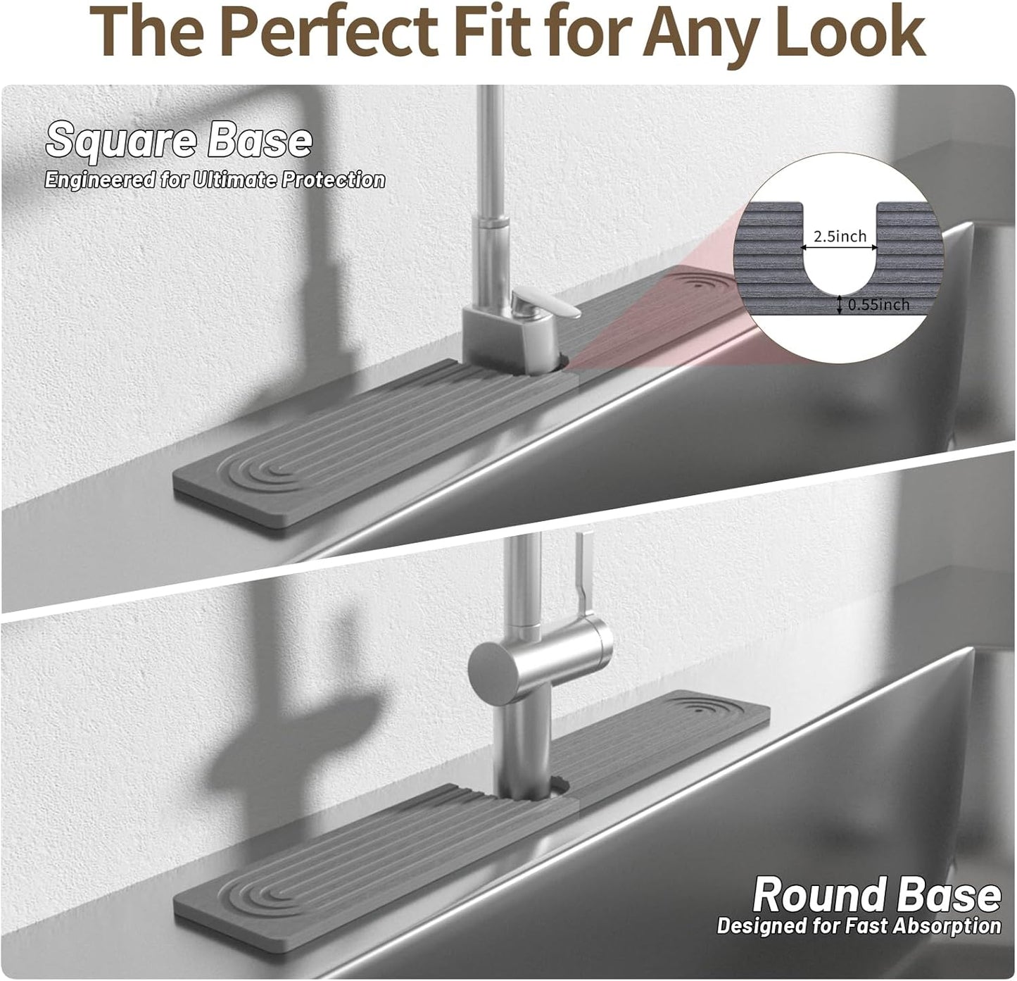 Faucet Mat for Kitchen Sink, Diatomite Stone Drying Sink Protectors, Bathroom Faucet Splash Guard, Quick Dry Water Absorbing, Non-Slip Stone Tray for Kitchen Counter, Grey, 23.6" x 3.9"