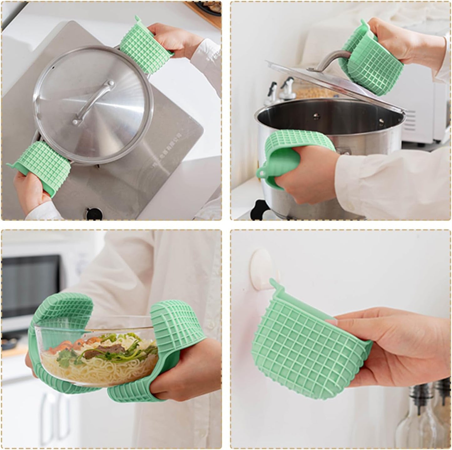 Mini Silicone Oven Mitts Set, Oven Mitts Heat Insulation, Oven Gloves for Kitchen Cooking and Baking, Protecting Fingers Mini Oven Hand Clips are Sold in Pairs (Square-Green)