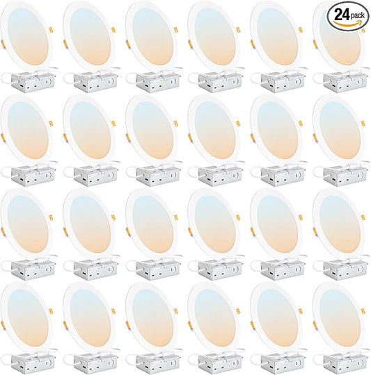 DLLT LED Recessed Ceiling Light: 24 Pack 8 Inch Slim Recessed Lighting for Kitchen - 5CCT Dimmable Canless Wafer Downlight for Living Room - 1800LM Brightness 18W LED Can Lights for Bedroom ETL FCC