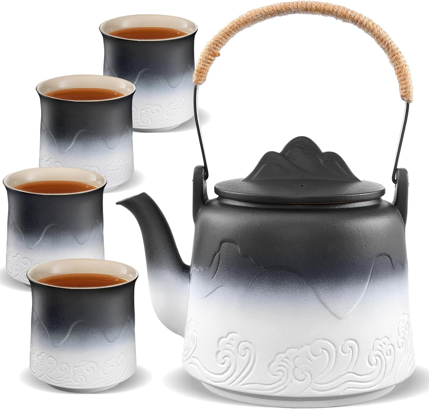 ZENS Vintage Japanese Tea Set, 33.8 oz Gradient Embossed Ceramic Japanese Teapot with Built-in Strainer for Tea Steeper, Hemp Rope Handle Loose Leaf Tea Pot with 4 Cups for Tea Party, Black & White