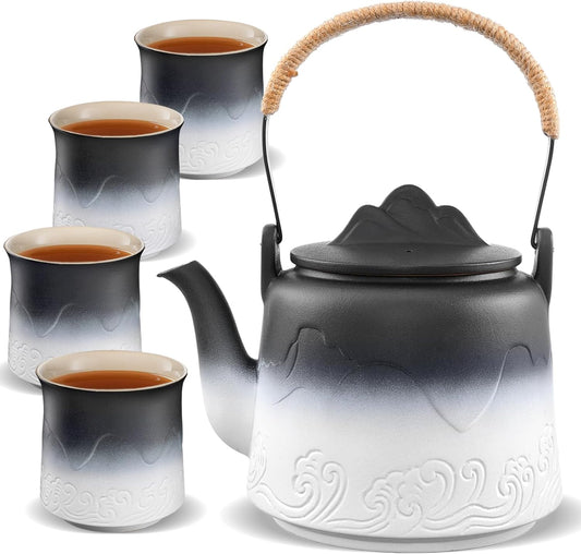 ZENS Vintage Japanese Tea Set, 33.8 oz Gradient Embossed Ceramic Japanese Teapot with Built-in Strainer for Tea Steeper, Hemp Rope Handle Loose Leaf Tea Pot with 4 Cups for Tea Party, Black & White