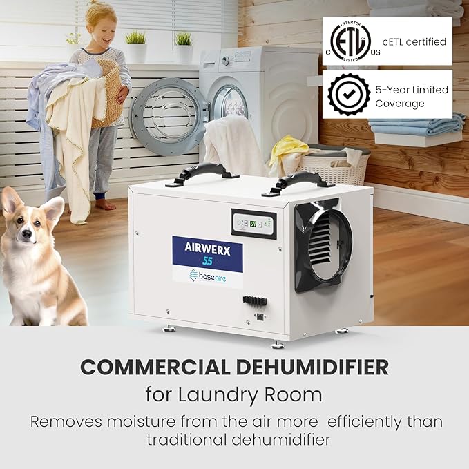 BaseAire Crawlspace Dehumidifier,113 Pints Commercial Dehumidifiers with Drain Hose for Whole House Basement, Industry, Compact, Auto Defrost, Memory Starting, Up to 1200 Sq Ft