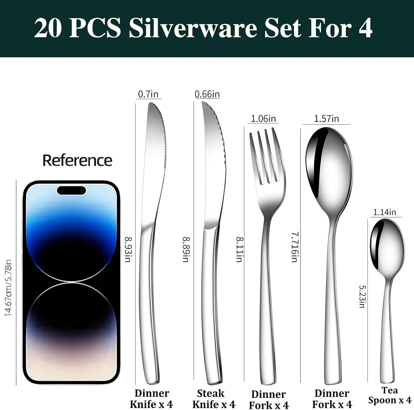 Silverware Set with Steak Knives,20-Piece Heavy Duty Flatware Cutlery Set for 4,Food-Grade Stainless Steel Tableware Eating utensils Sets,Mirror Finished Knives Forks and Spoons Set for Home
