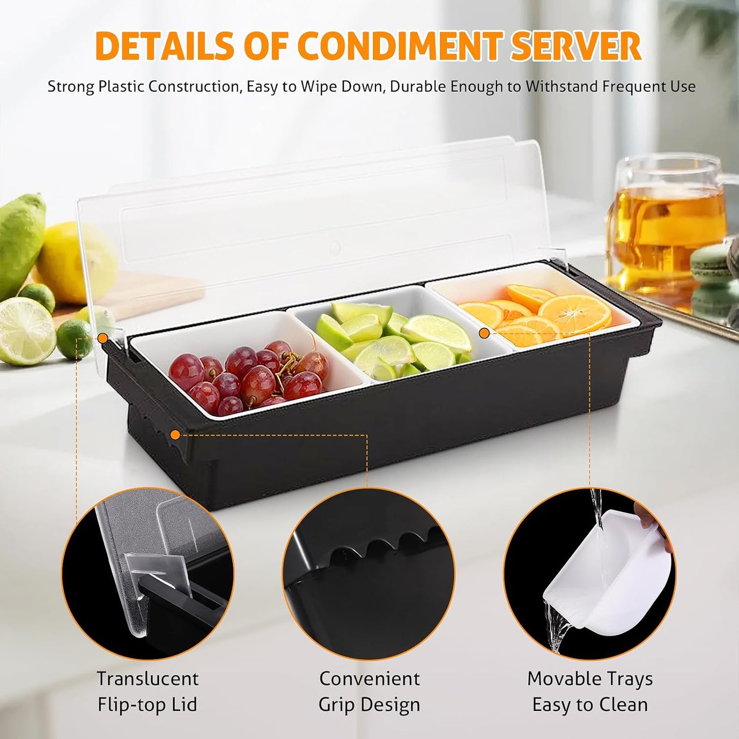 WICHEMI Fruit, Veggie & Condiment Caddy with Lid Dispenser Tray Garnish Station for Bartending & Serving Taco, Ice Cream, Salad Bar - Topping Organizer for Restaurant Supplies (3 Compartment, 2 Pack)