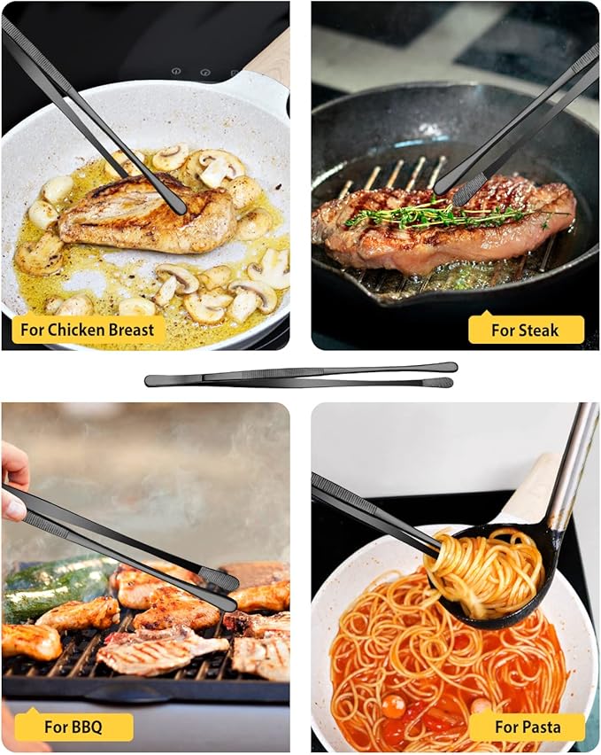 4 Pcs Fine Long Tweezer Tongs Professional Black, 12'' and 10'' Stainless Steel for Kitchen, Food, Cooking, Repairing, Sea food and BBQ