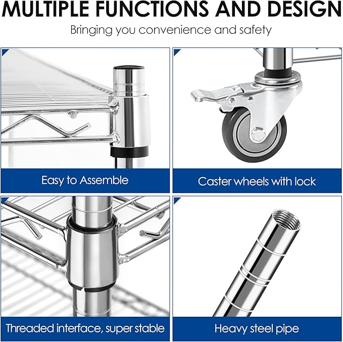 4-Tier Metal Wire Shelving Unit with Wheels, 60" x 24" x 72" Heavy-Duty Storage Rack for Garage, Kitchen, Pantry, or Restaurant, 2400 lbs Capacity, Chrome Finish