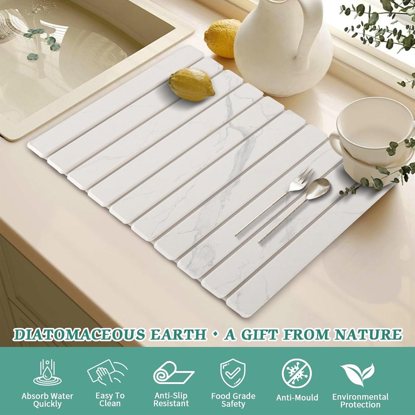 Stone Dish Drying Mat for Kitchen Counter, 24''×15'' White Marble Dishes Drying Matt Kitchen Counter, Absorbent Diatomaceous Earth Bath Quick Dry Mats for Tableware, Bottles and Cup