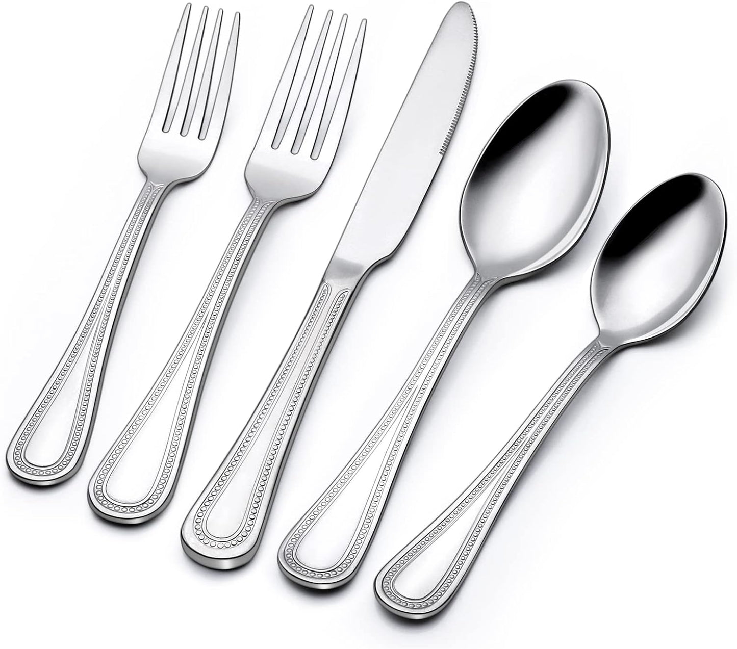 60-Piece Silverware Set for 12, Stainless Steel Flatware, Mirror Polished Cutlery Set, Utensils Include Spoons, Forks, Knives for Home, Restaurant, Beaded Handle, Dishwasher Safe