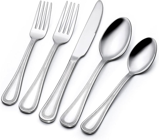 60-Piece Silverware Set for 12, Stainless Steel Flatware, Mirror Polished Cutlery Set, Utensils Include Spoons, Forks, Knives for Home, Restaurant, Beaded Handle, Dishwasher Safe