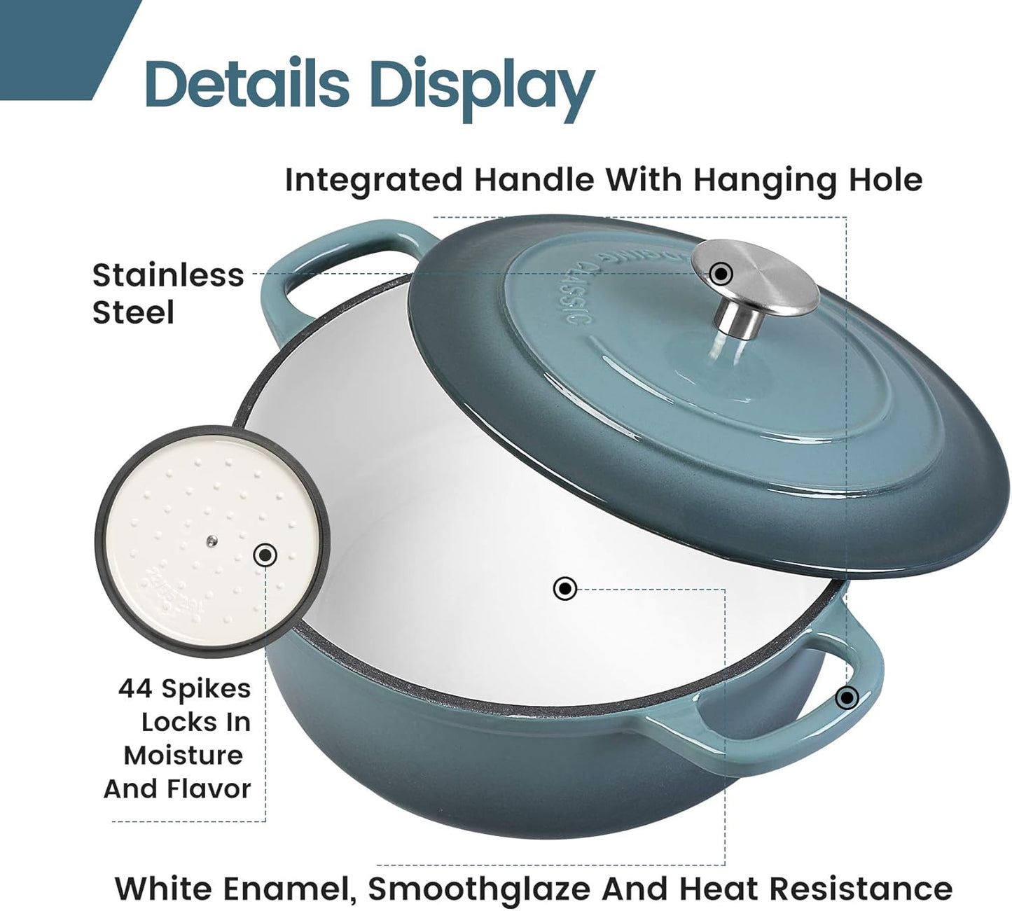 Enameled Cast Iron Round Dutch Oven with Lid Dual Handle Pot Bread Ovens, 7 Quart, Slateblue