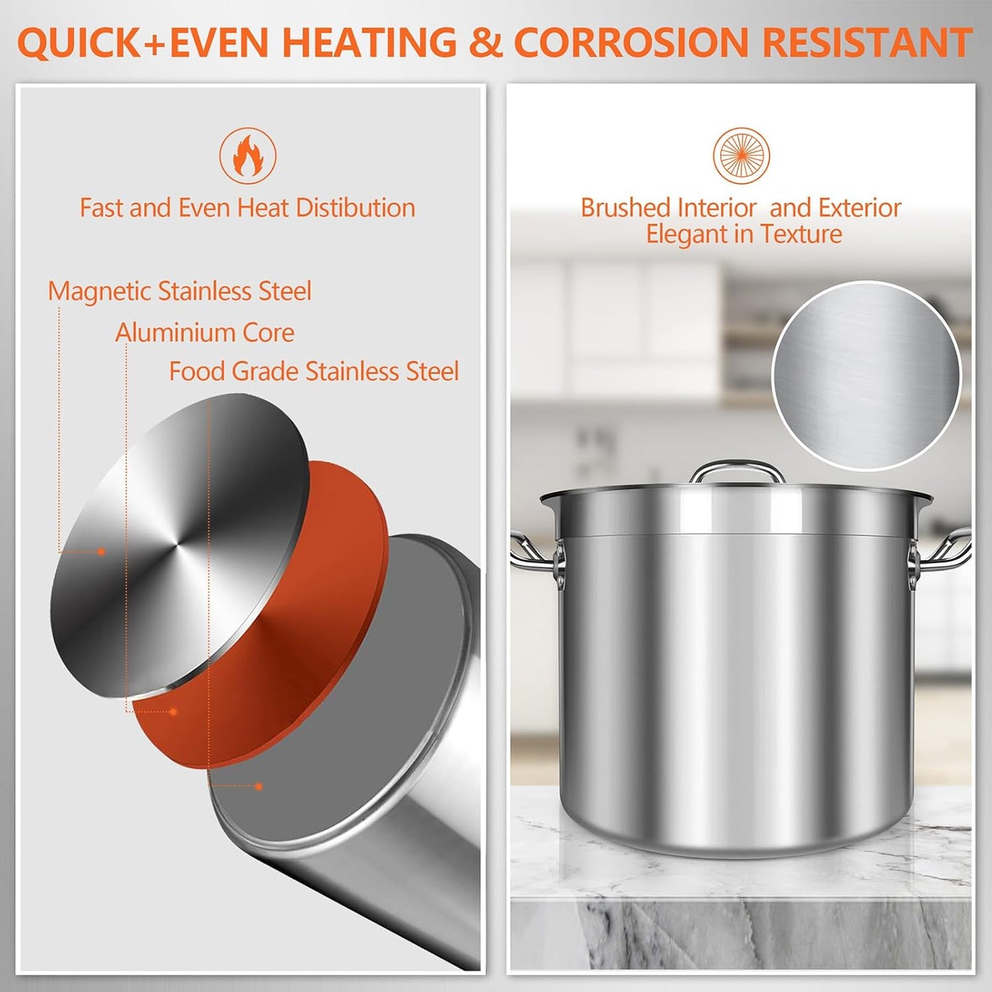 Stock Pot 20 Quart - Stainless Steel Stock Pot with Lid – Heavy-Duty Cooking Pot for Soup, Stew, Pasta – Commercial & Home Use, Induction Compatible - 5 Gallon