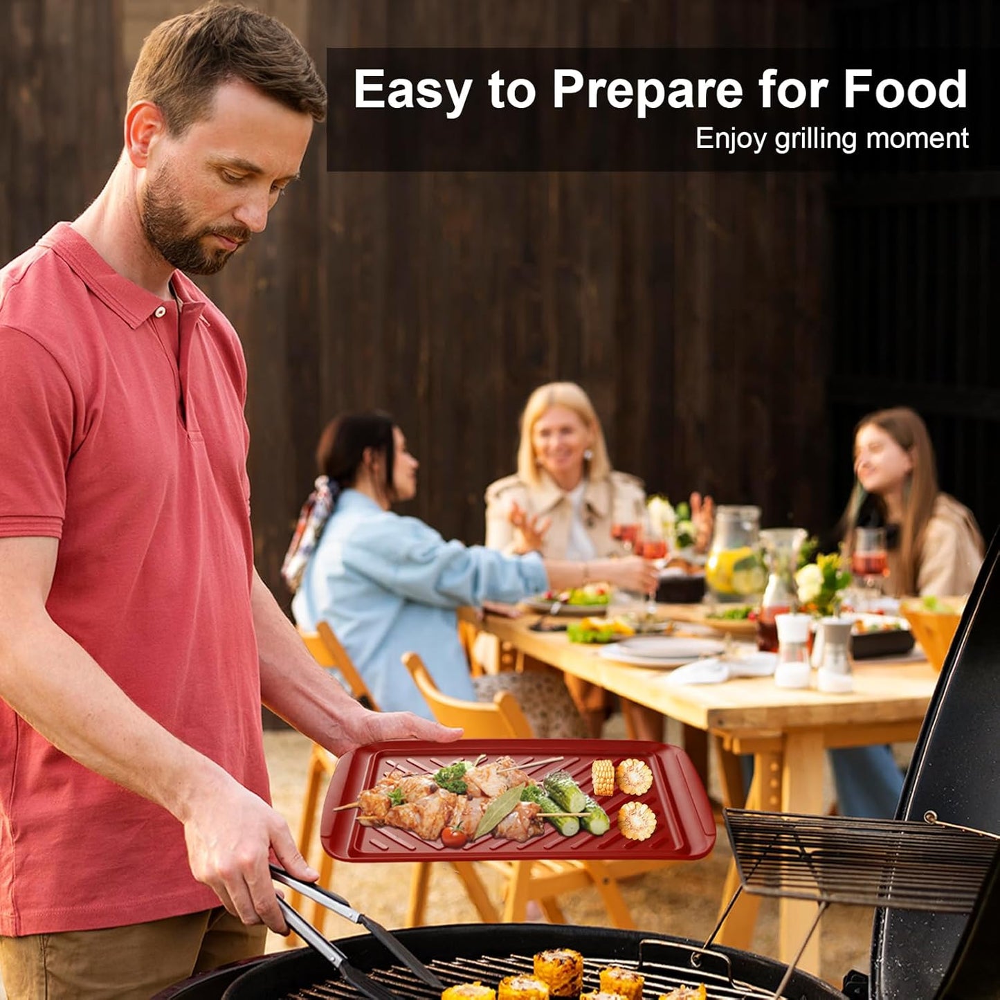 LEHAHA Grilling Prep Trays, Melamine BBQ Prep and Serving Platters and Tray for Outdoor Entertaining, Large Food Serving Trays, Set of 2, 17.2" x 10.5",Great for Grilling Lovers,Black and Red