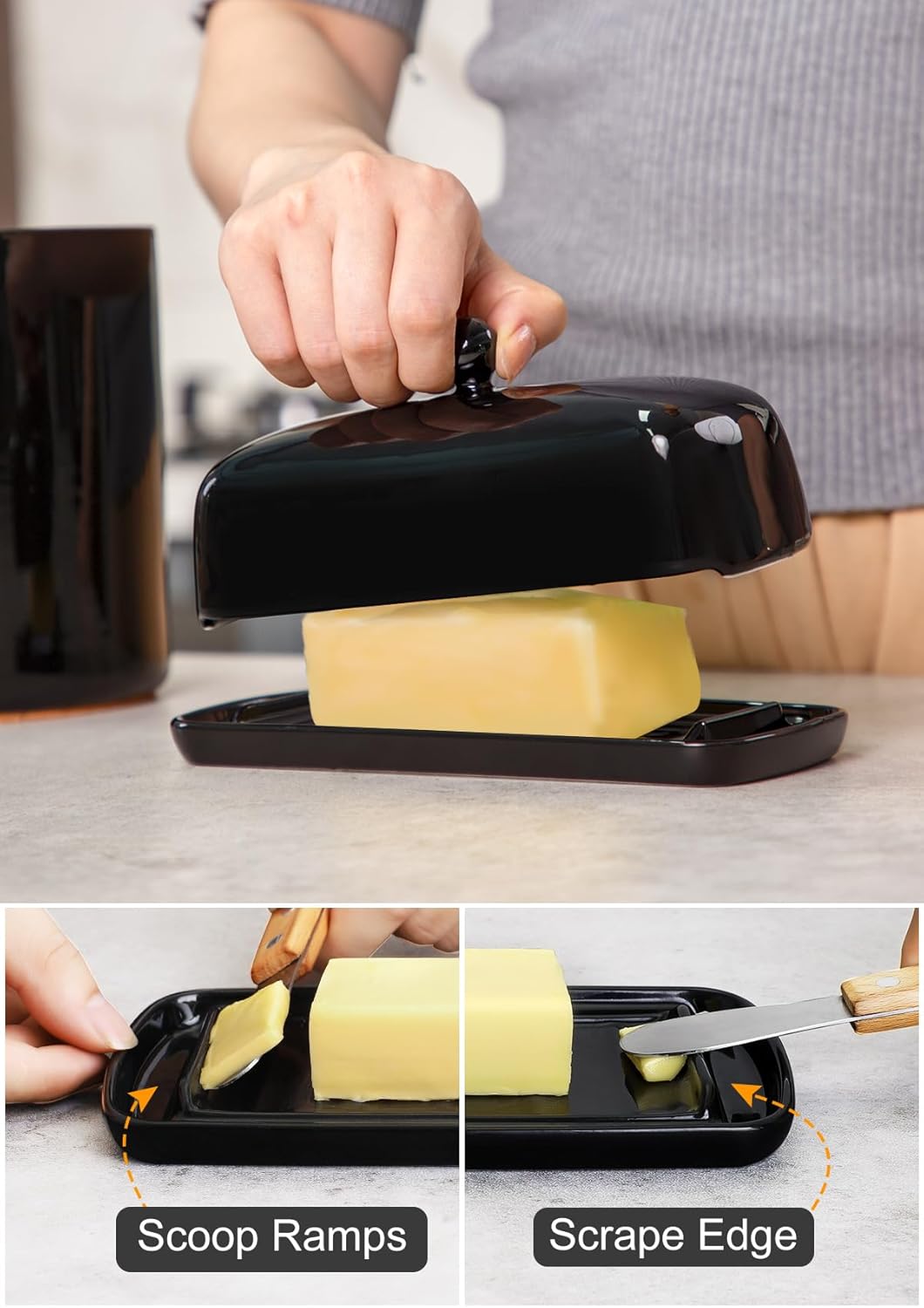 Nucookery Ceramic Butter Dish with Lid | Raised Legs and Non-Slip Strip Design | Porcelain Health | Dishwasher Safe, Black