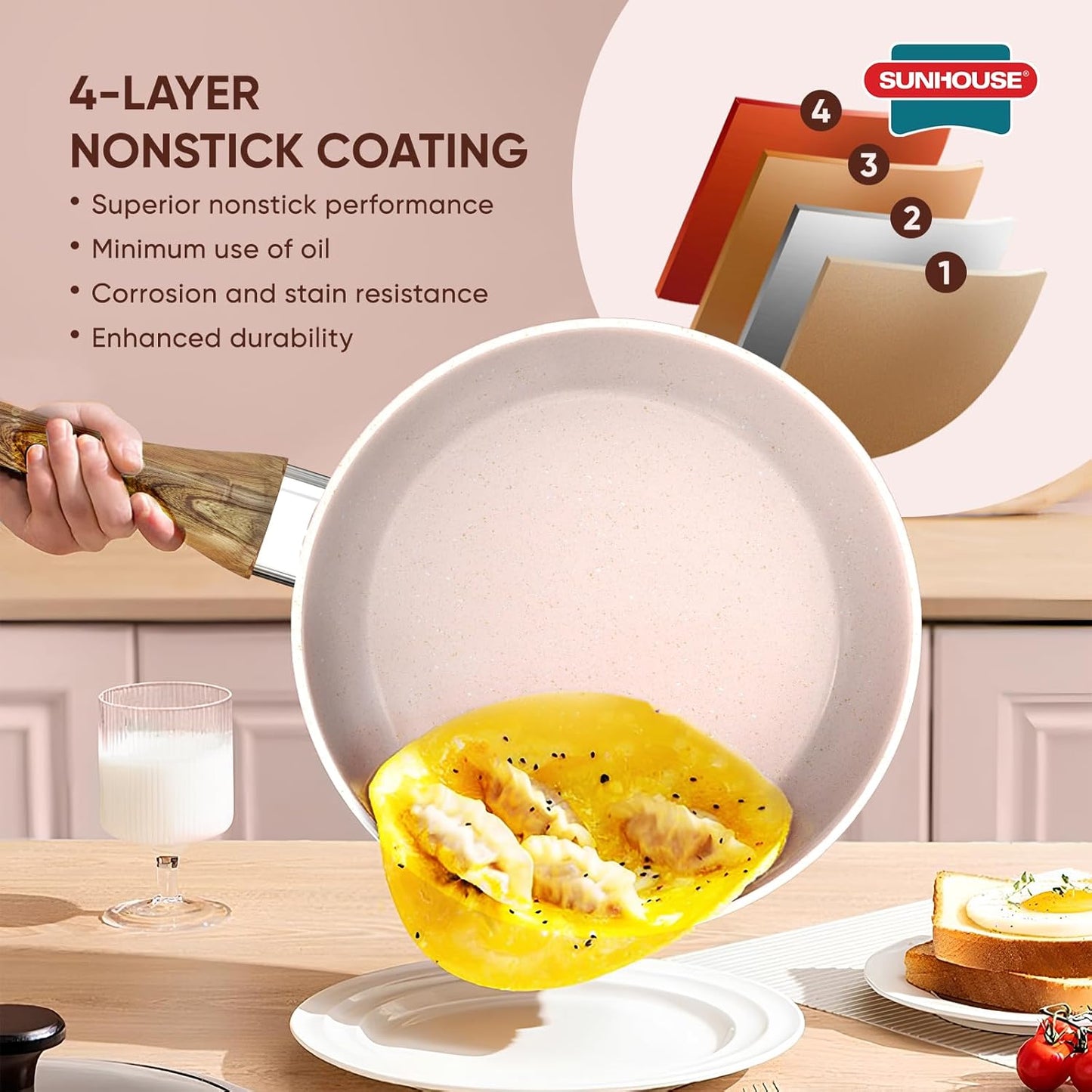 Sunhouse – Durable 8 Inch / 20 cm Nonstick Skillet, 4-Layer Non-Stick Frying Pan, PFOA-Free, Stay-Cool Handle, Induction Compatible with All Cooktops