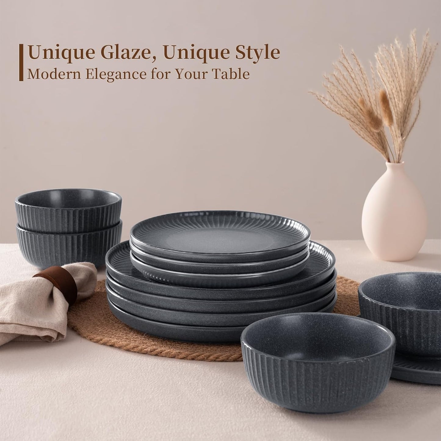 Famiware Starlight Dinnerware Sets, Plates and Bowls Dish Set of 6 (18 Pieces), Ribbed Textured Tableware - Dishwasher & Microwave Safe, Chip Resistant, Reactive Glaze, Matte Midnight Grey