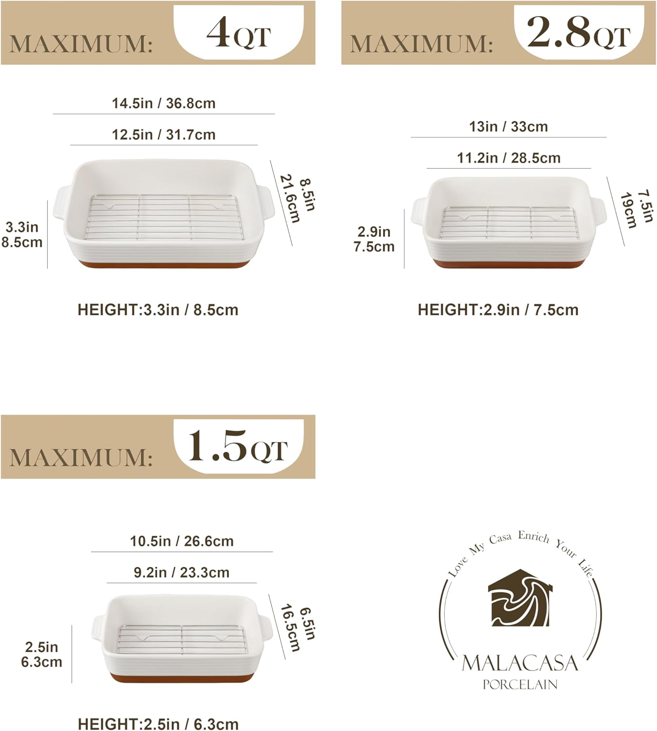 MALACASA Casserole Dishes for Oven with Roasting Racks, Ceramic Baking Dishes Set of 3, Baking Pan Casserole Dish Set, Rectangular Lasagna Pan Deep with Handles for Baking, Khaki White (14.5''/13''/10.5''), Series TARA