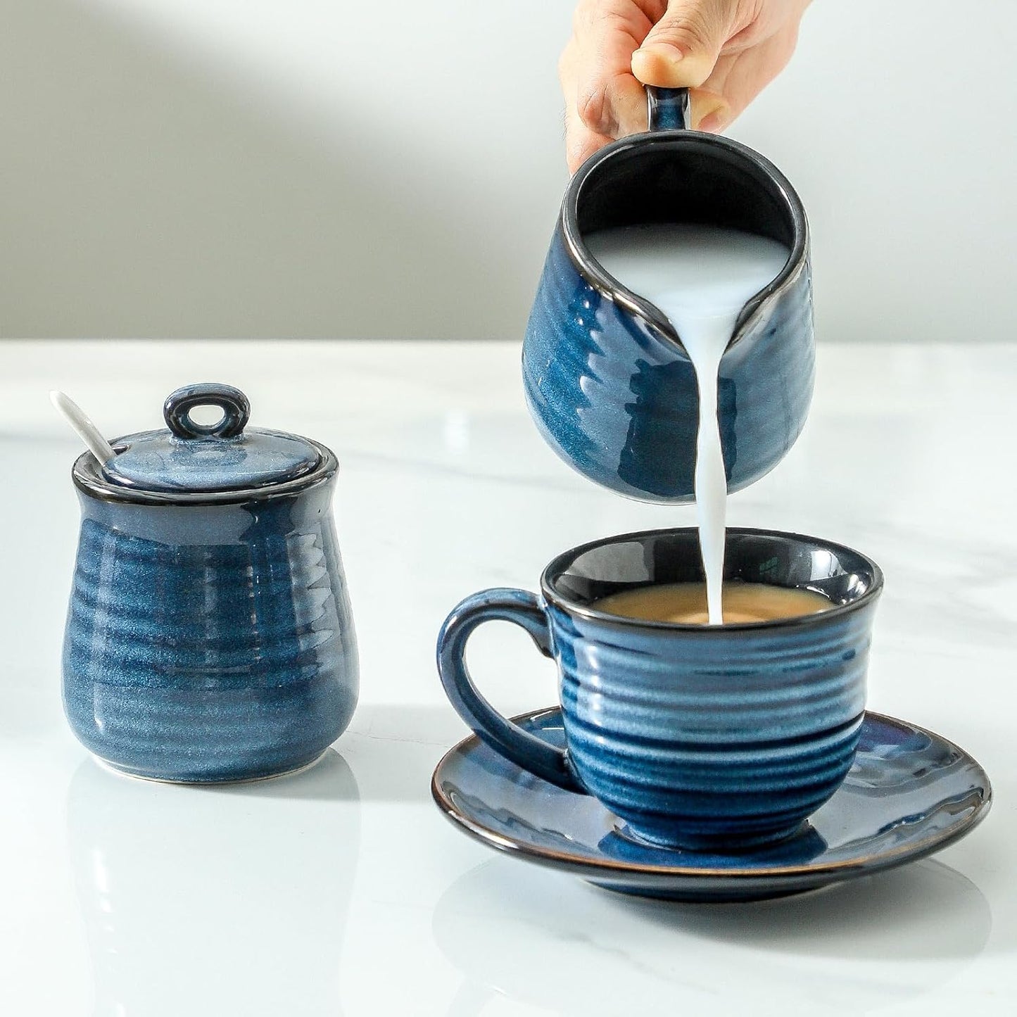 Glowworm Porcelain Sugar and Creamer Set, 11 Ounce Sugar Container, 10 Ounce Cream Pitcher, Farmhouse Coffee Sets for Serving, Dishwasher Safe, Blue