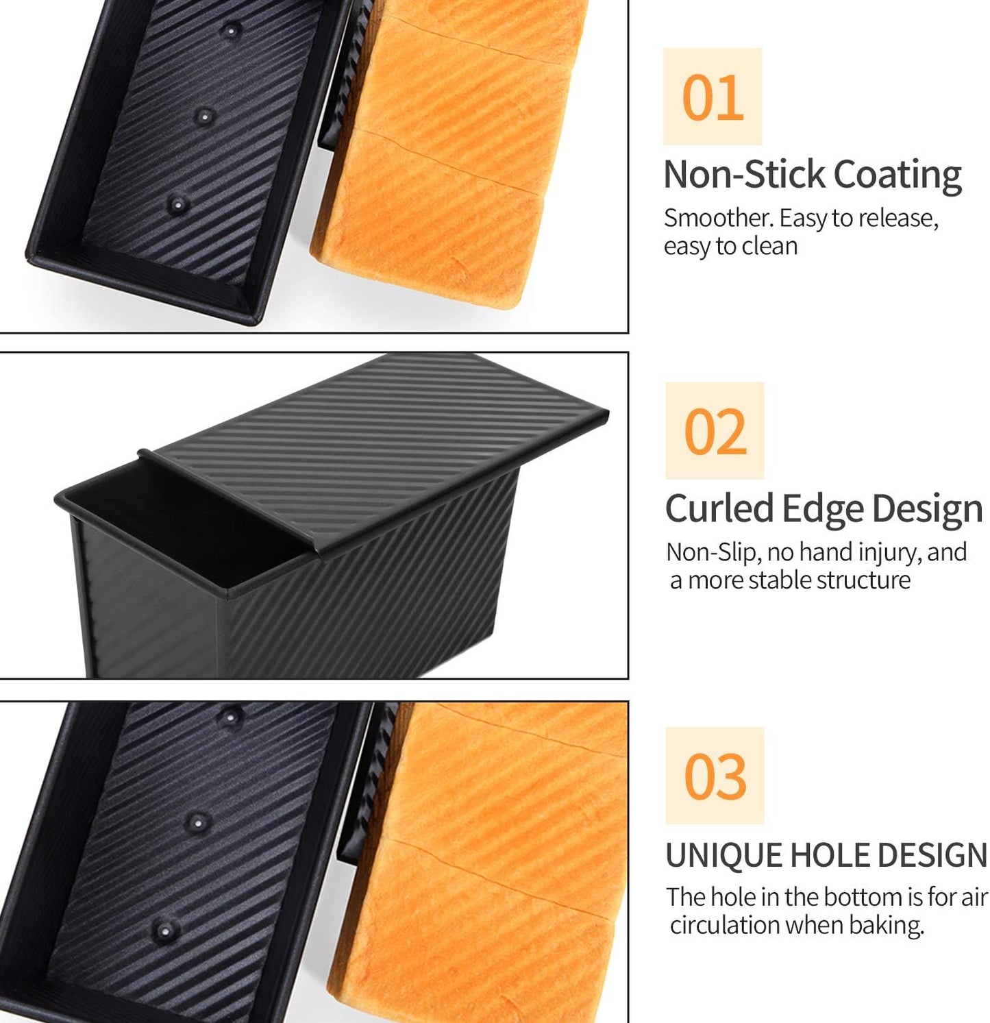 CHEFMADE Pullman Loaf Pan with Lid 2 Pcs, 1Lb Dough Capacity Non-Stick Rectangle Corrugated Bread Pan, Carbon Steel Toast Pan with Cover for Baking Bread - Black