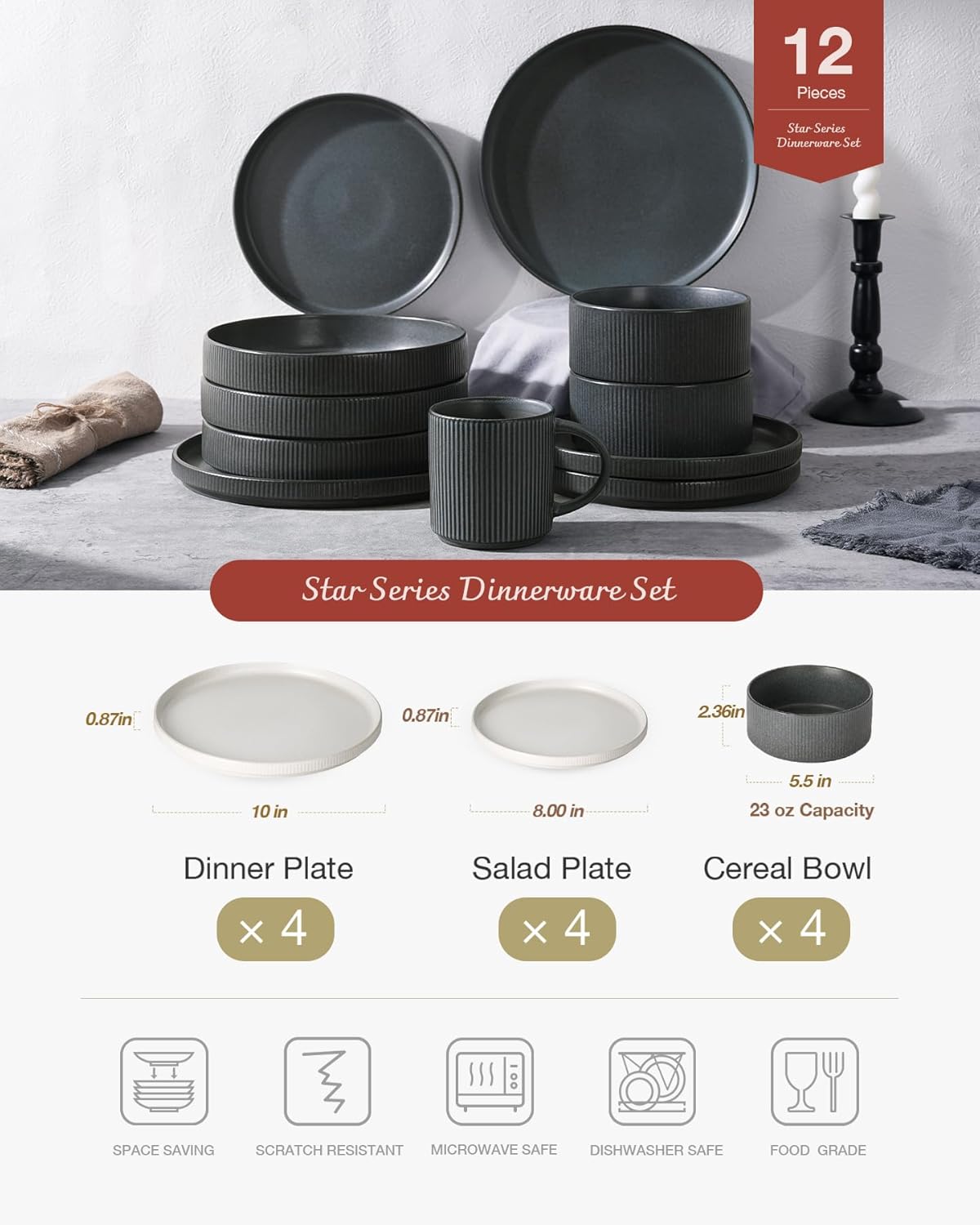 Famiware Star Dinnerware Set, Plates and Bowls Sets for 4 (12pcs), Ribbed Stoneware Dishes - Chip & Scratch Resistant, Microwave & Dishwasher Safe, Multicolor - Matte White & Matte Dark Charcoal