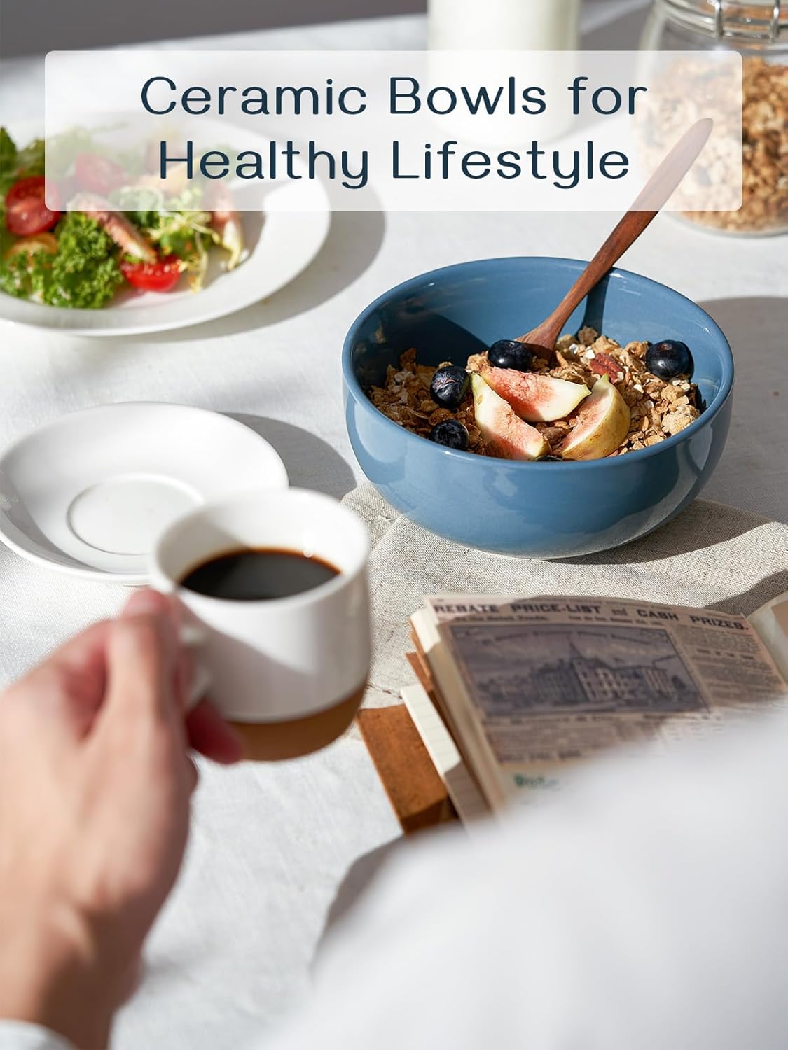 DOWAN 22 OZ Ceramic Soup Bowls & Cereal Bowls - 6" Classic Bowls Set of 4 for Soup, Cereal, Oatmeal, Fruit, Rice - Dishwasher & Microwave Safe (Airy Blue)