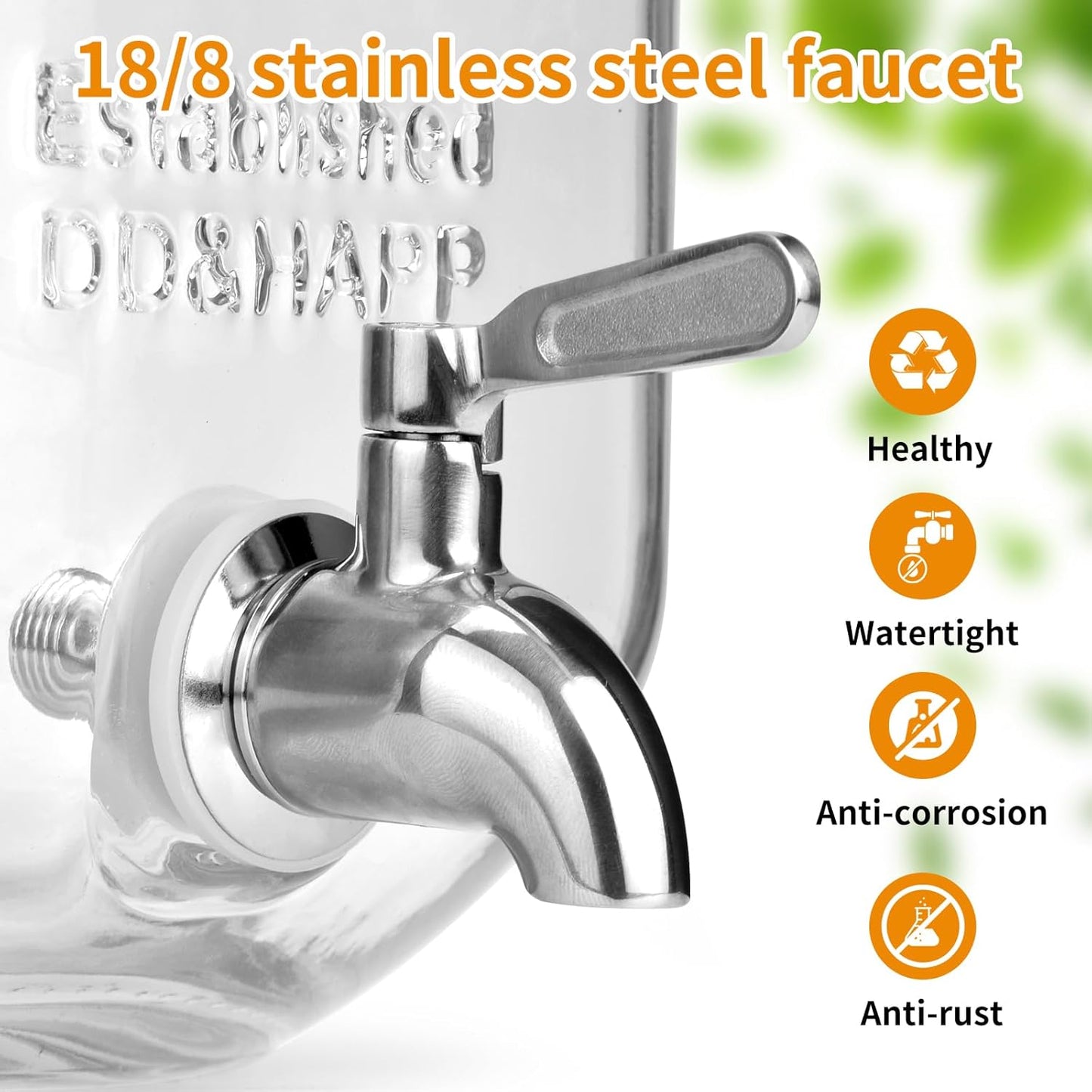 DD&HAPP Glass Beverage Dispenser With Stainless Steel Spigot,1.2 Gallon Mason Jar Drink Dispenser,Sun Tea,Lemonade & Juice Dispenser for Parties, Weddings & Events.Leak-Proof, Infuser Included.