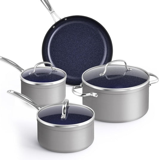 Nuwave Healthy Duralon Blue Ceramic Nonstick Coated 7pc Cookware Set, Scratch-Resistant Diamond Infused, PFAS Free, Induction Ready & Evenly Heats, Oven Safe, Tempered Glass Lids