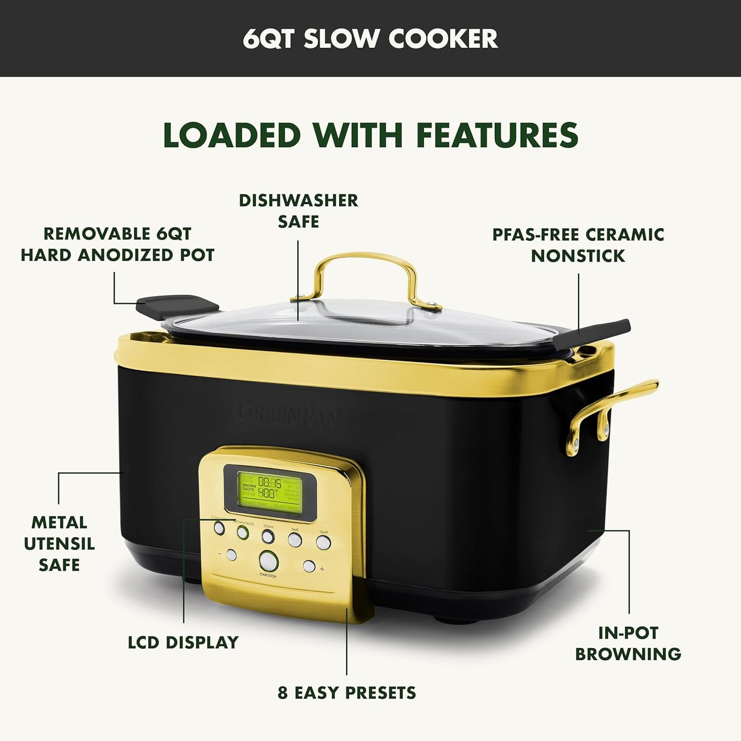 GreenPan Elite 8-in-1 Programmable 6QT Electric Slow Cooker, Dishwasher Safe Lid & Removable Crock, PFAS-Free Healthy Ceramic Nonstick Multi-Cooker, Sear, Sauté, Brown, Steam Basket, Roast, Gold