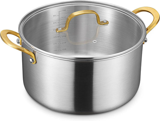 BEZIA 8 Quart Tri-Ply Stainless Steel Pot, Stockpot with Tempered Glass Lid, Exceptional Heat Distribution, Induction Pot, Induction Cooking Pot for All Stoves, Dishwasher Safe, Silver