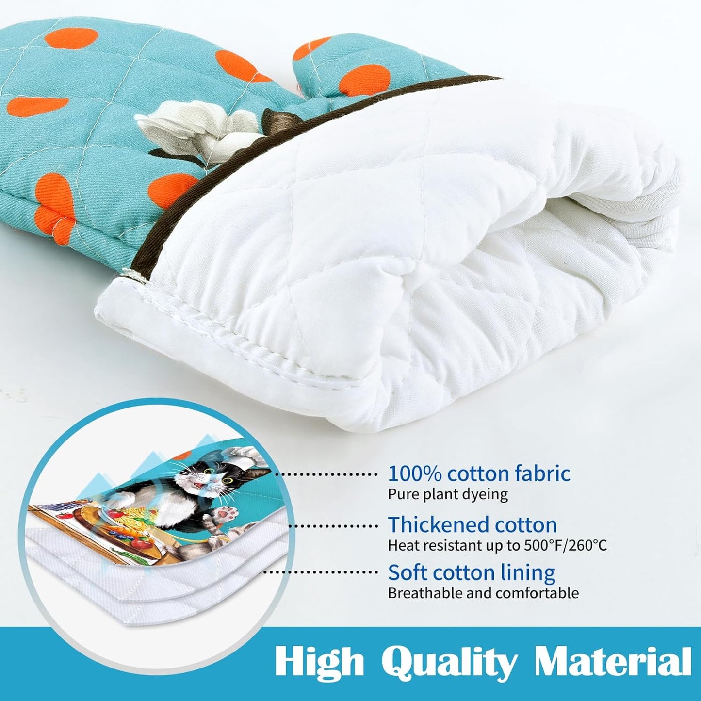 Cute Cat Oven Mitts and Pot Holders Sets 2Pcs, 100% Cotton Heat Resistant, Extra Long Oven Gloves Potholder for Kitchen Cooking Baking Decoration