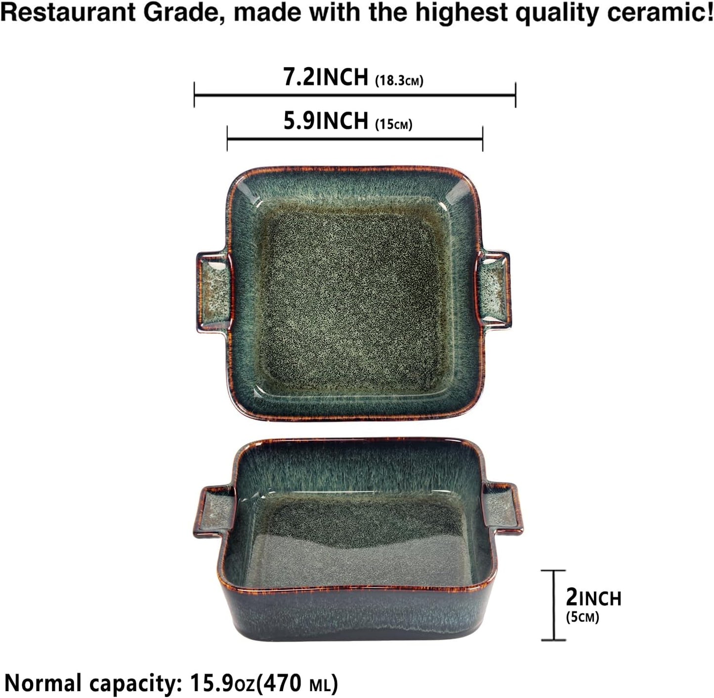 Ceramic Casserole Baking Dish - 16 Ounces Baking Dish for Oven, Lasagna Pans, Oven Safe Durable Bakeware for Kitchen Home Decor, Banquet and Dinner, Square 2 pieces 5.5 x 5.5 Inch