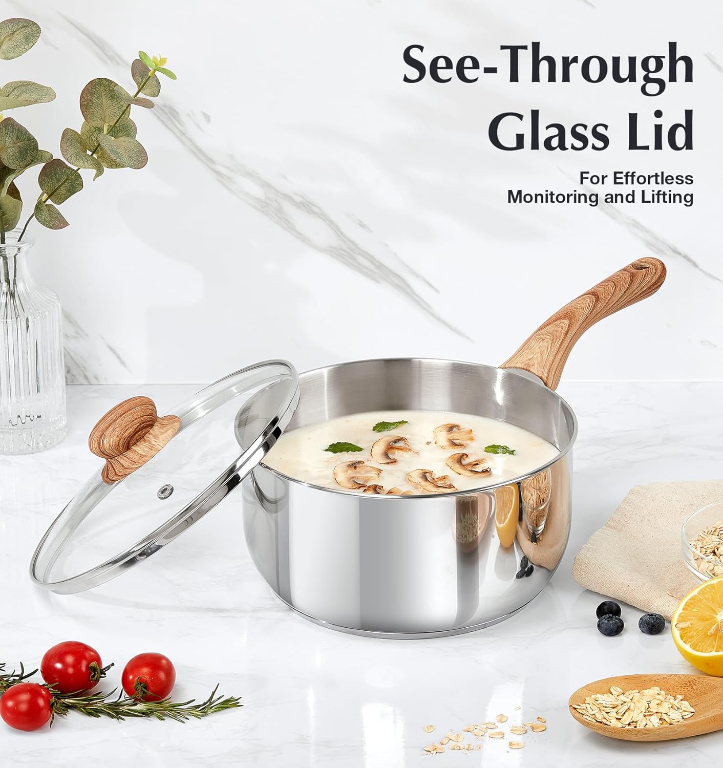 KOCH SYSTEME CS Stainless Steel Saucepan, 3 Quart Sauce Pan with Lid & Cool-Touch Bakelite Handle, 3 QT Saucepan with Lid, Induction Sauce Pan, Stainless Steel Pot 3 Quart