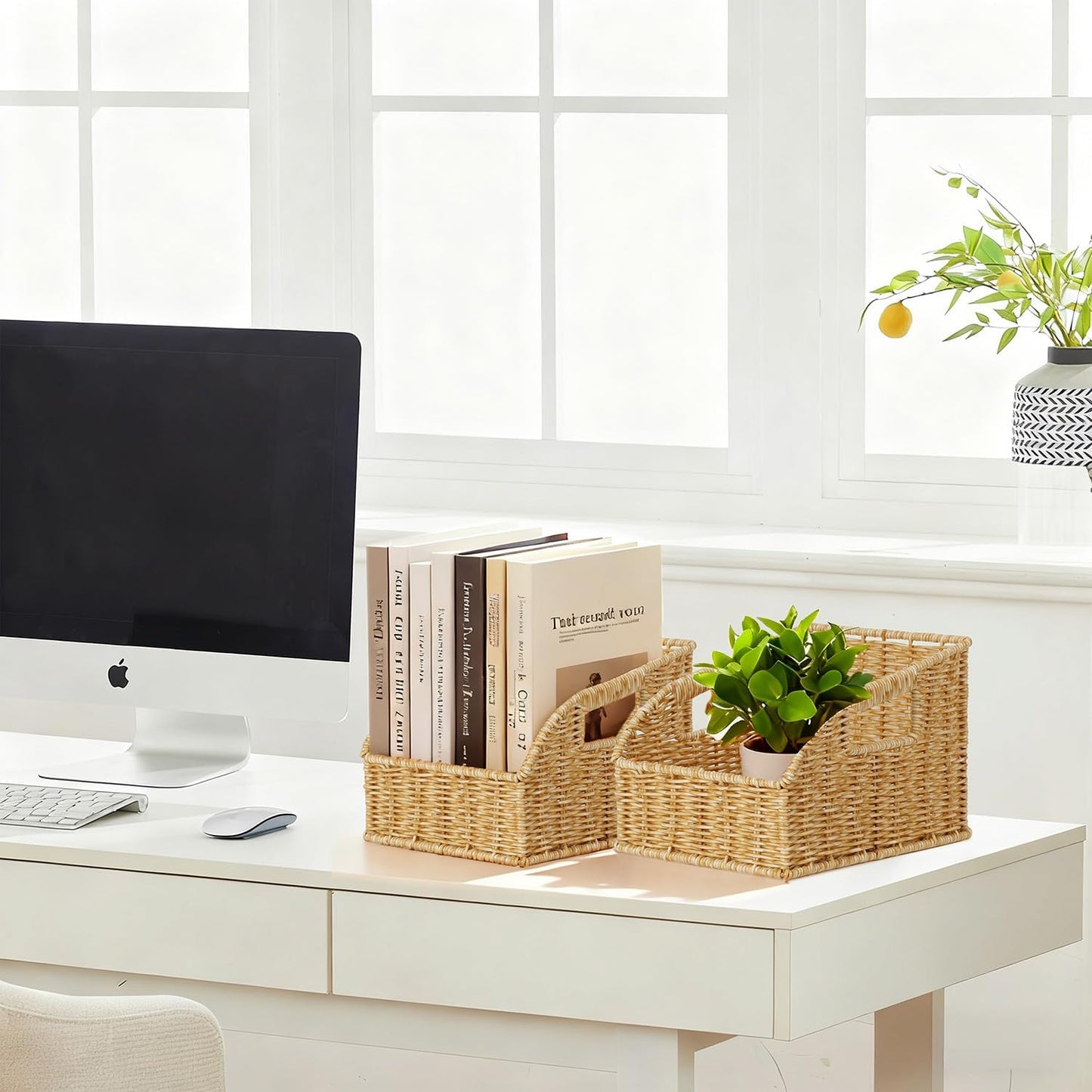 Wicker Baskets for Organizing,Pantry, Kitchen Counter with Handles, Handwoven Woven Storage Baskets for Fruit, Bread, Vegetable, Waterproof Plastic Storage Bins for Shelves, 3 Pack, Natural