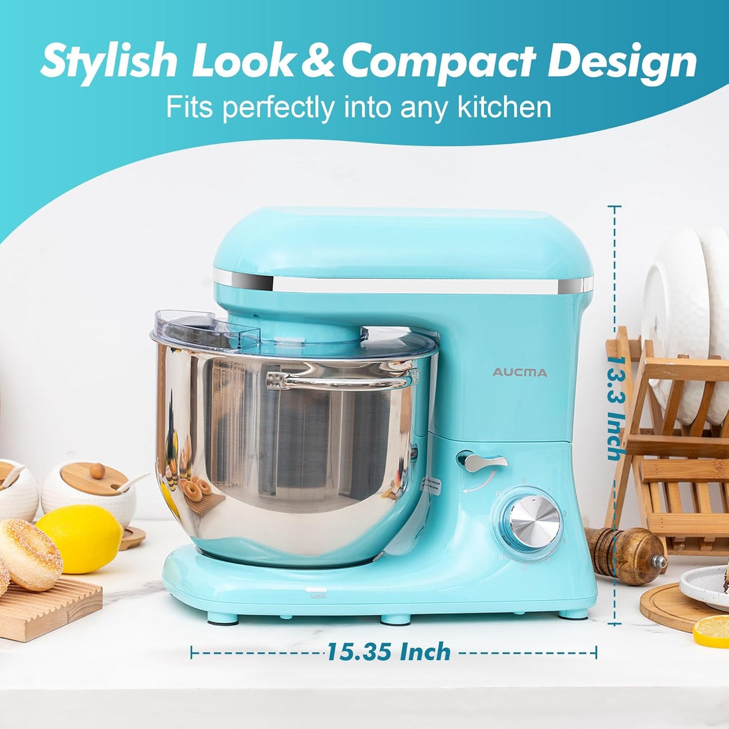 Aucma Stand Mixer, 900W 8QT Large Kitchen Mixer, Kitchen Electric Mixers with Dough Hook, Wire Whip & Beater (Blue, 8QT)