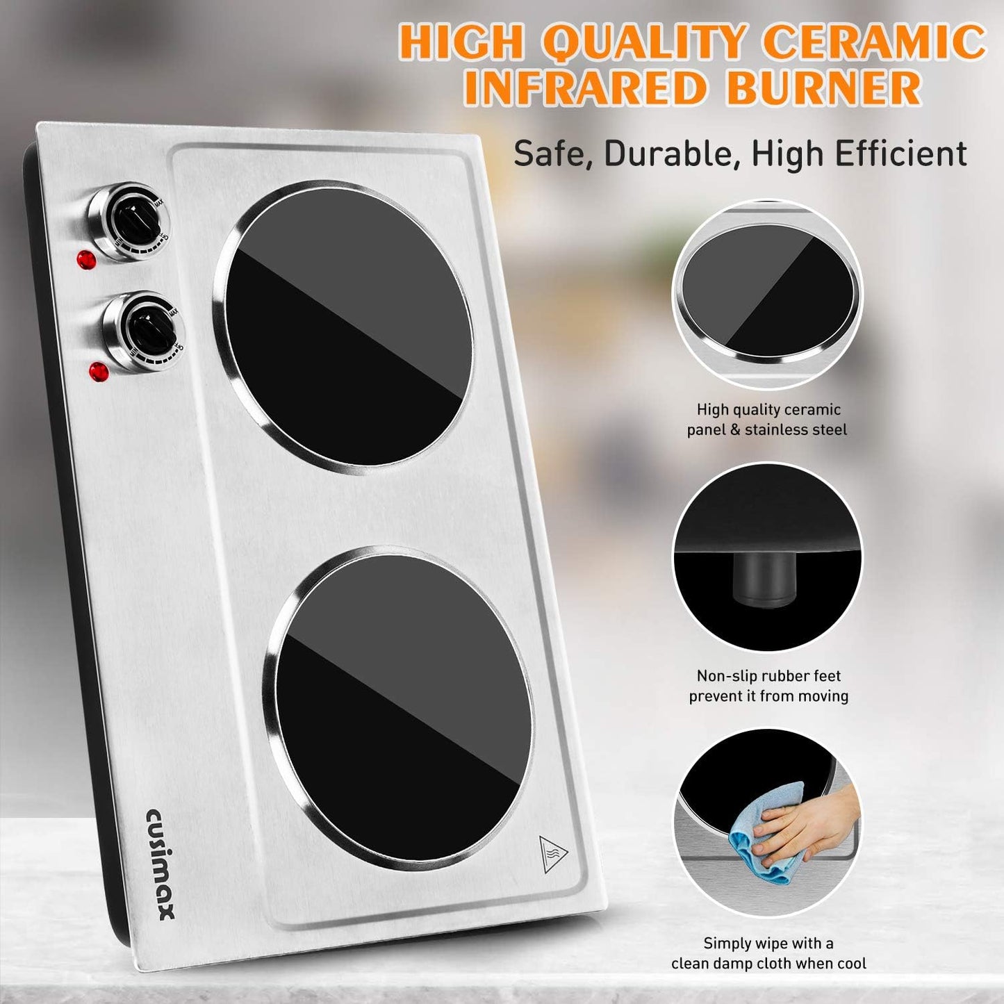 CUSIMAX Hot Plate, 1800W Double Burners, Infrared Cooktop, Electric Ceramic Hot Plates for Cooking, Portable Countertop Burner Glass Heating Plate, Compatible w/All Cookware, Upgraded Version