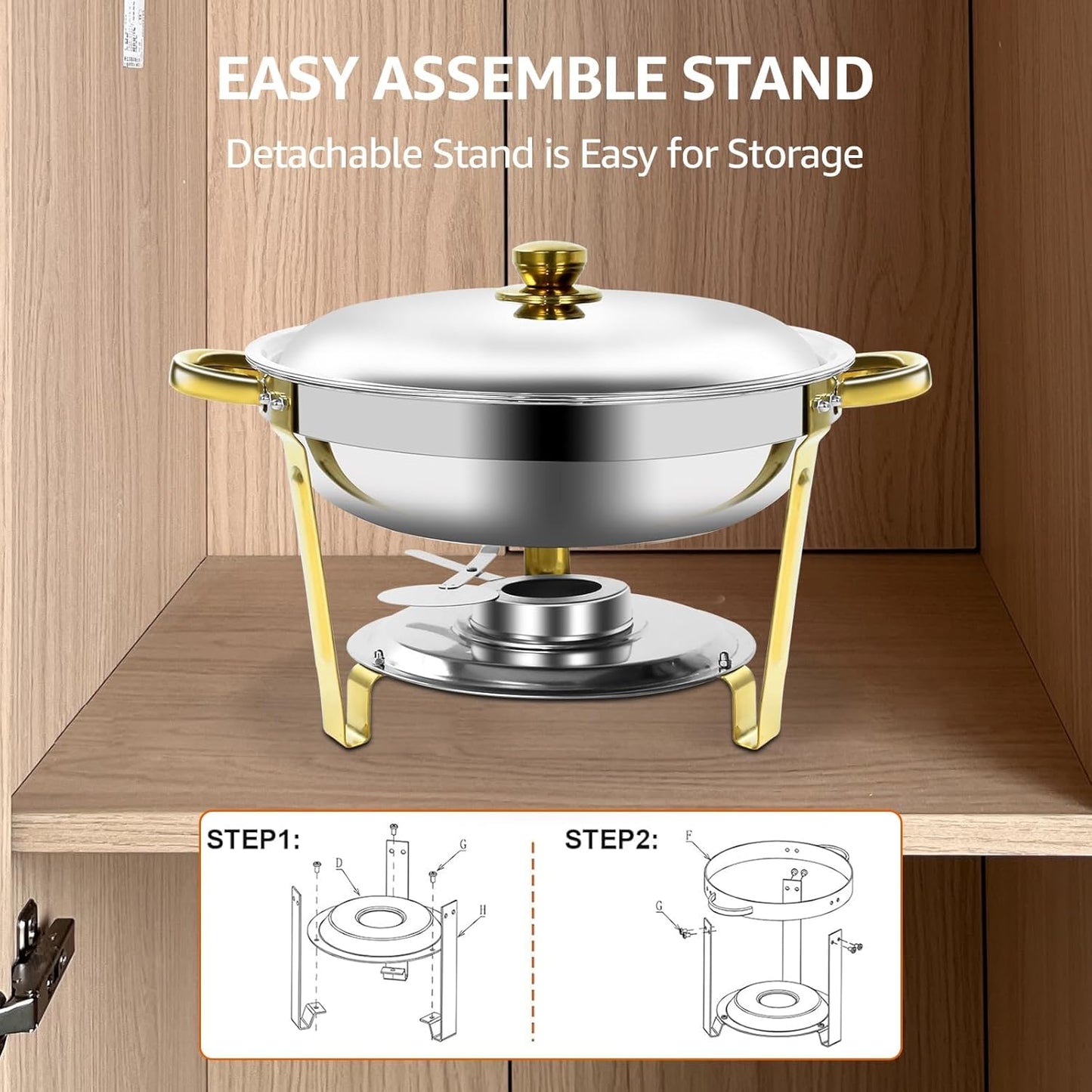 Gold & Silver Chafing Dishes for Buffet with Lid 5QT, 2 Pack - Food-Grade Stainless Steel Chafers and Buffet Warmers Sets with Lid Holder, Rolled Edge Design, for Party, Banquet