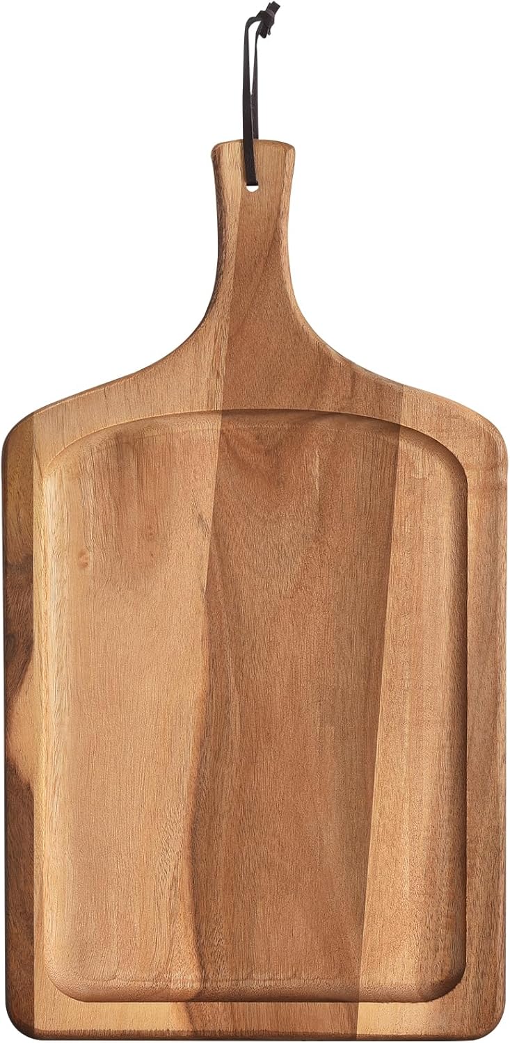 Acacia Wood Cutting Board with Handle, Wooden Chopping Board for Pizza Bread Cheese, Charcuterie Boards, Large Cutting Boards for Kitchen Decor, 17.7" X 9.8"
