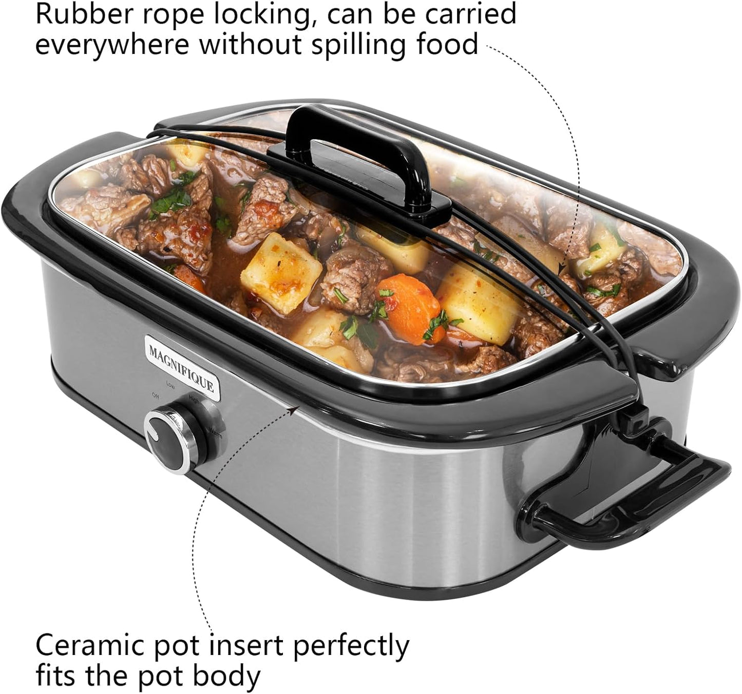Magnifique 4-Quart Slow Cooker with Casserole Manual Warm Setting - Perfect Kitchen Small Appliance for Family Dinners, Dishwasher Safe Crock, Stainless Steel