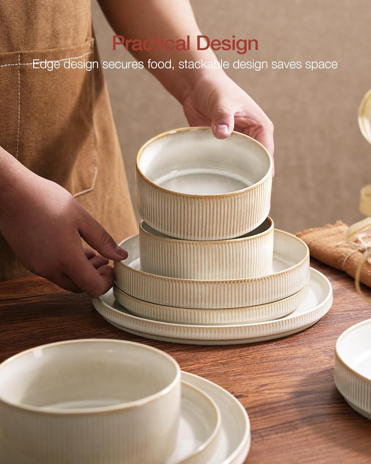 Famiware Star Plates and Bowls Sets, Modern Stoneware Dinnerware Sets for 6, 18-Piece Kitchen Dish Set - Chip and Scratch Resistant, Microwave and Dishwasher Safe Tableware, Cappuccino White