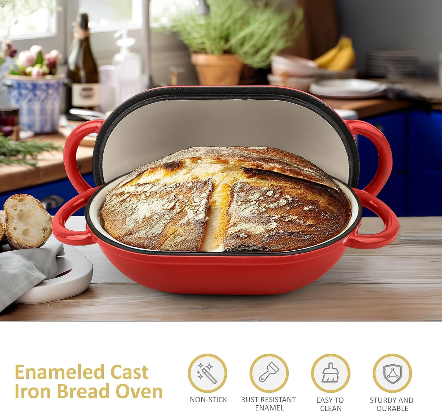 Dutch Oven for Bread Baking – Premium Cast Iron Pot with Lid – Perfect for Sourdough, Artisan Loaves & No-Knead Bread – 2 QT / 1.9L (Enameled, Round, Oven & Stovetop Safe), Red