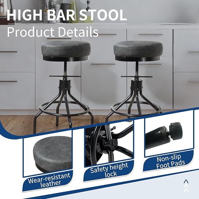 Swivel Bar Stools Adjustable Industrial Barstools Metal Modern PU Leather 28inch Round Backless Counter Height Stool Bar Chair for Kitchen Island (1, Grey)