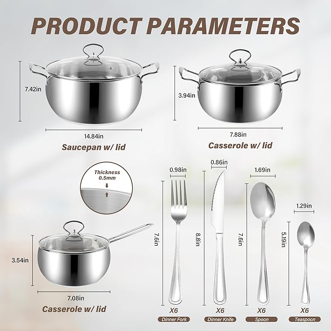 YSSOA Sleek Stainless Steel 6-Piece Cookware Set and 24-Piece Silverware Set, Stainless Steel Flatware Set Service for 6