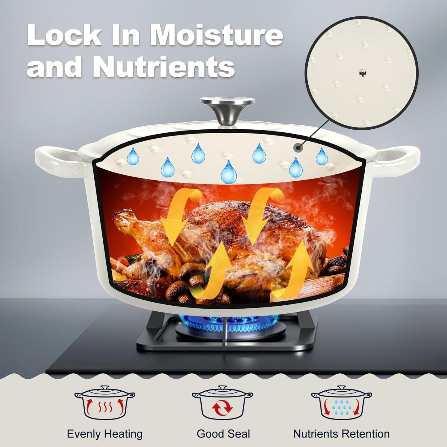 P&P CHEF 6QT Enameled Dutch Oven, Cast Iron Dutch Oven Pot with Lid for Bread Baking, Enameled Casserole Pot for Roasting Braising Stewing Frying Simmering, Various Stoves & Easy Clean, White