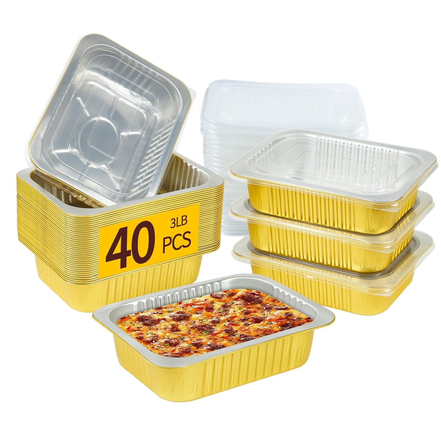 40 Pack 3 LB Aluminum Pans with Lids Heavy Duty (8.7"×6.6"×2.5") Foil Food Containers with Lids, 50oz Disposable Tin Foil Pans with Lids for Baking, Meal Prep, Freezer, Heating and Takeout