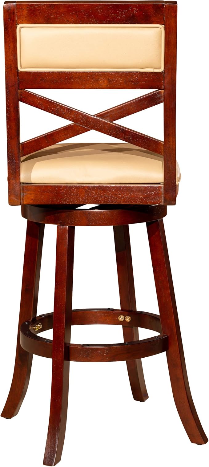 DTY Indoor Living Meeker X Back Bonded Leather Swivel Stool, 30" Bar Height, Cherry Finish, Bone Leather Seat