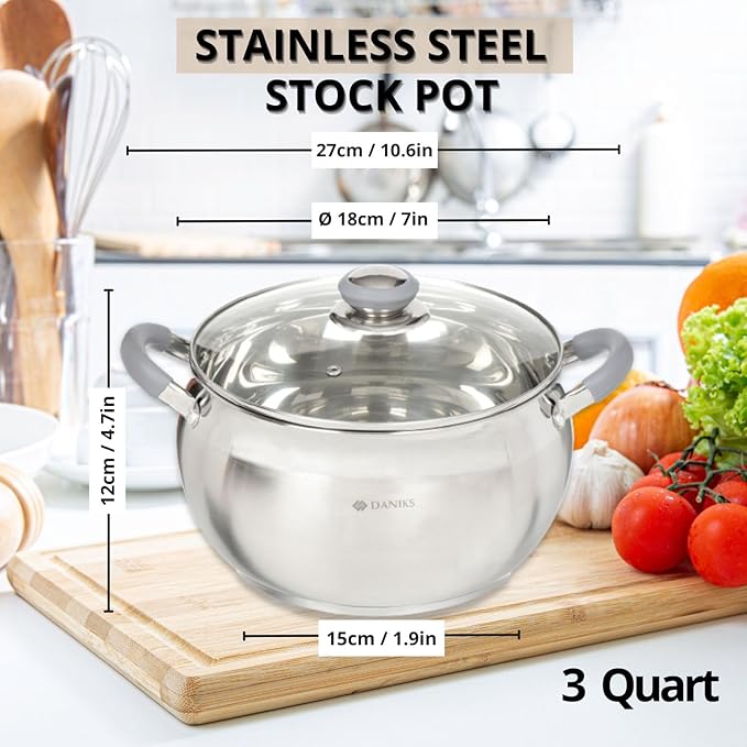 Daniks Modern Stainless Steel Stock Pot with Glass Lid – Induction 3 Quart, Dishwasher Safe, Heatproof Handles, For Soup, Pasta, Stew, Silver