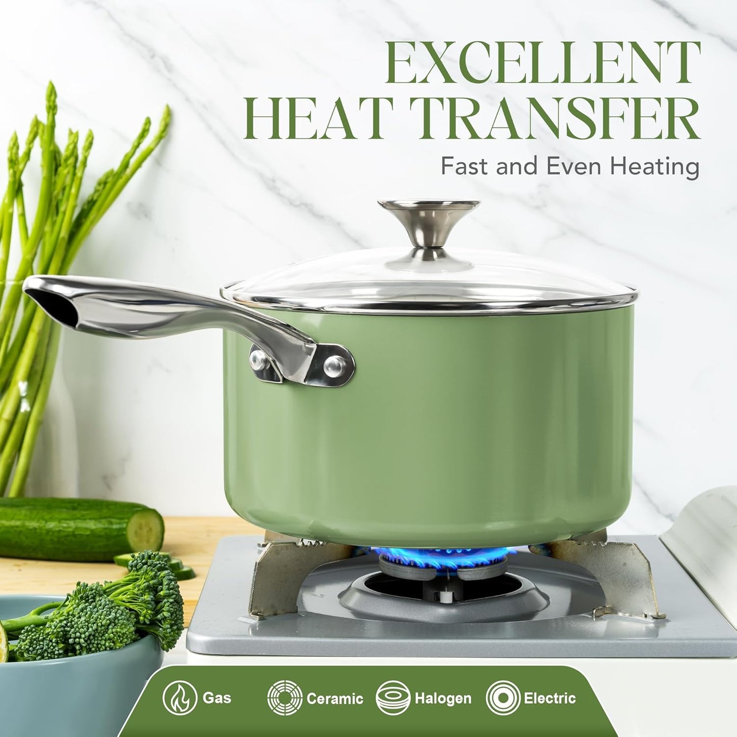 MICHELANGELO 3 Quart Saucepan with Lid - Non Toxic Sauce Pan with Nonstick Ceramic Coating, Scratch-Resistant, Induction Saucepan Suitable for All Stovetops, Green